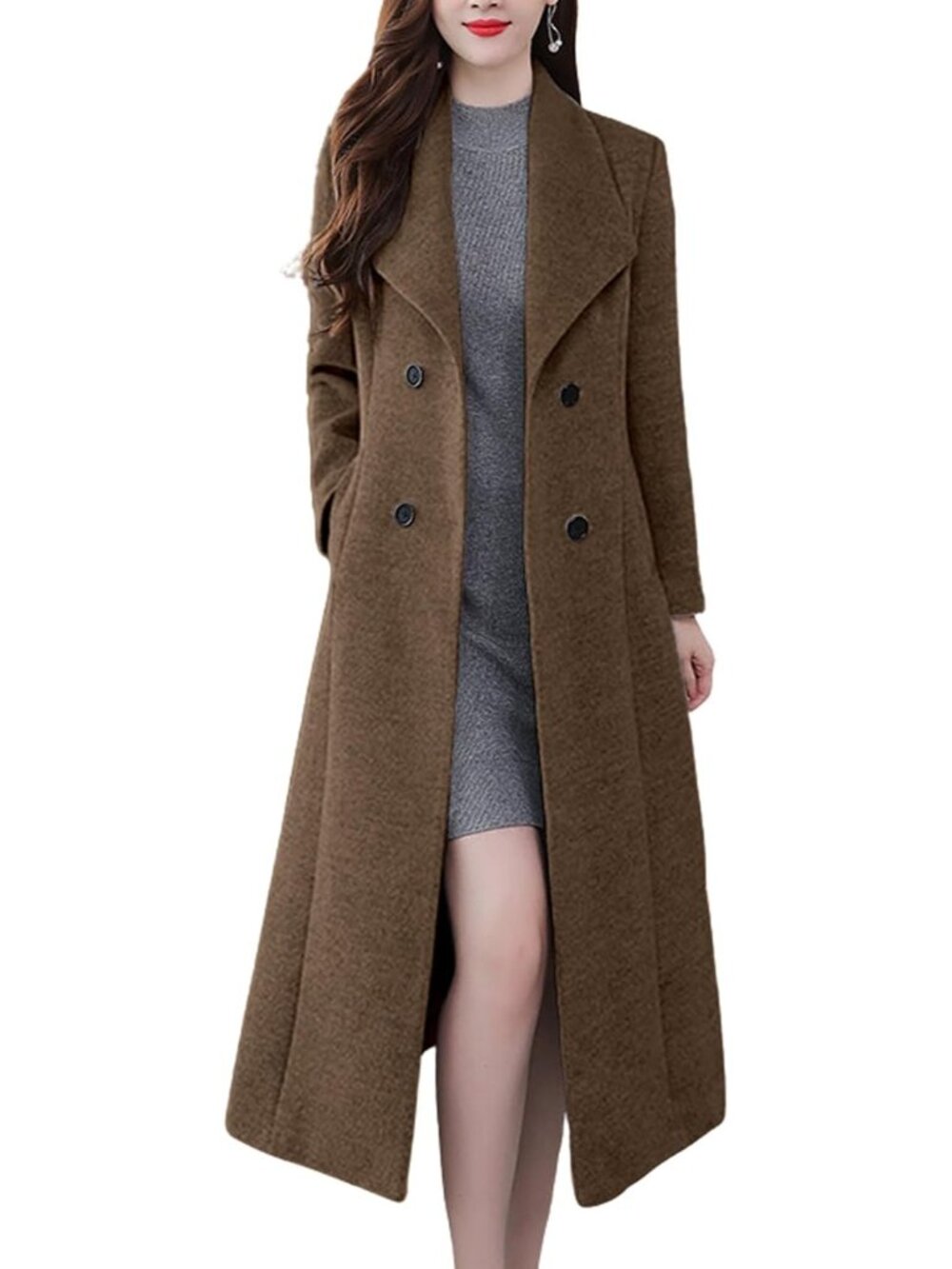 Women's Brown Wool Maxi Long Shawl Collar Double Breasted Classic Trench Coat